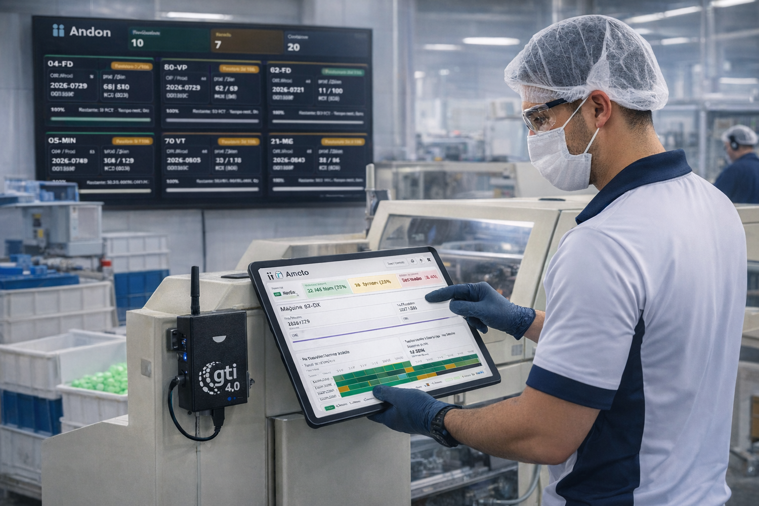 Operador apontando ordem de producao via tablet GTI IoT com Andon ao fundo